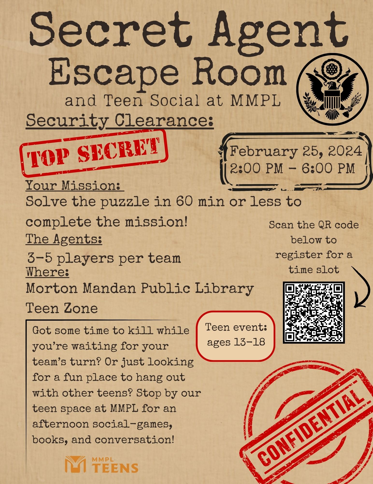 flyer with description and information about escape room event