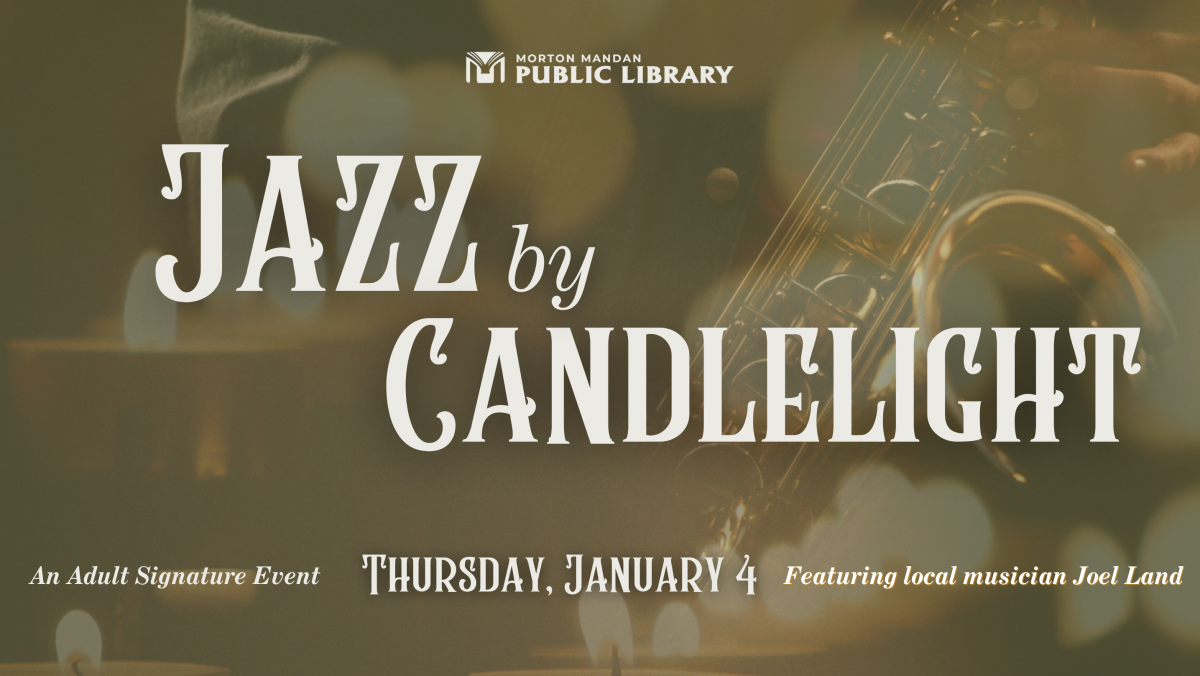 A saxophone is surrounded by glowing lights. Text reads "Jazz by Candlelight"